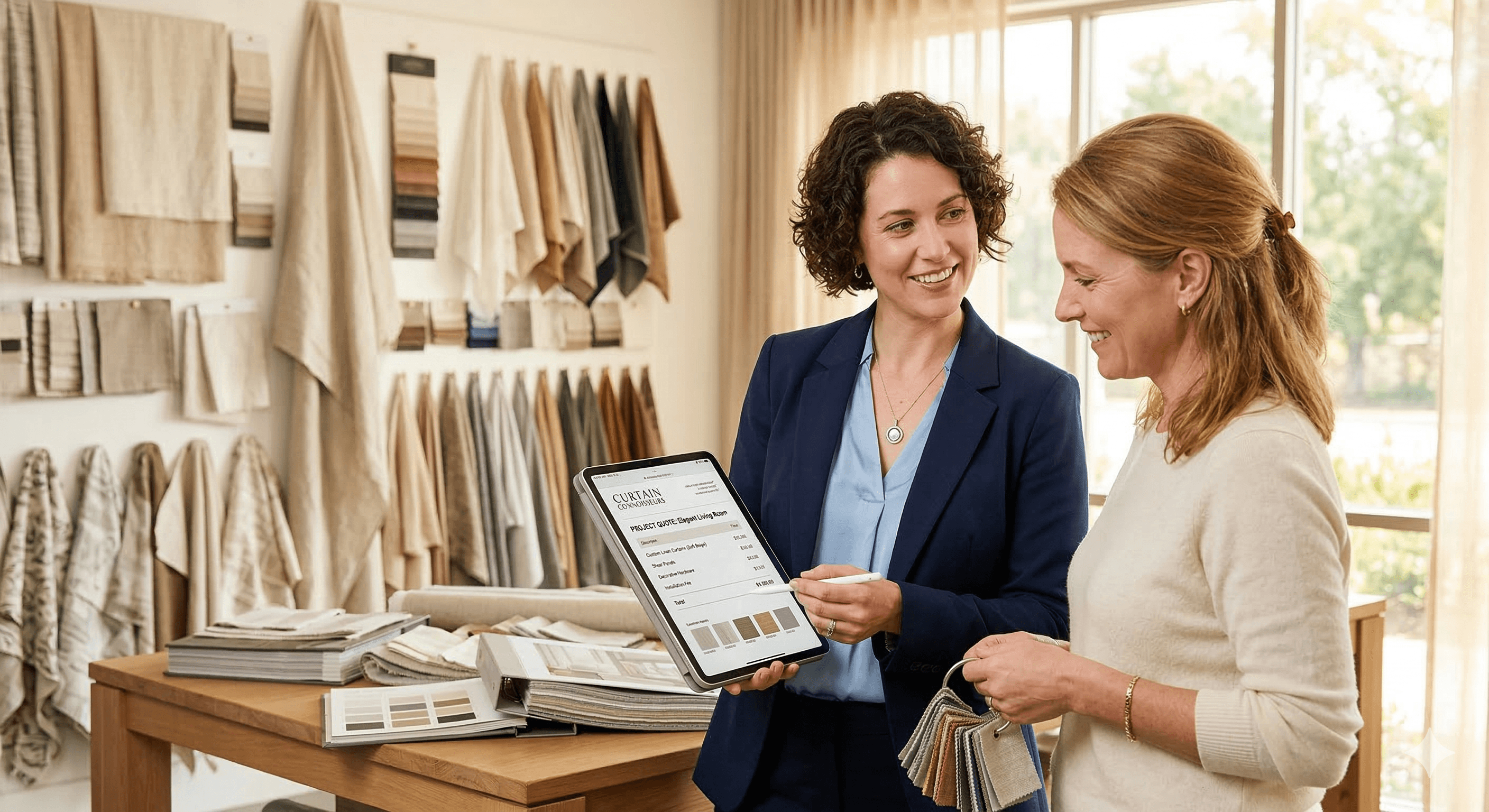 Gordijnconsultant toont professionele offerte op tablet aan klant in showroom