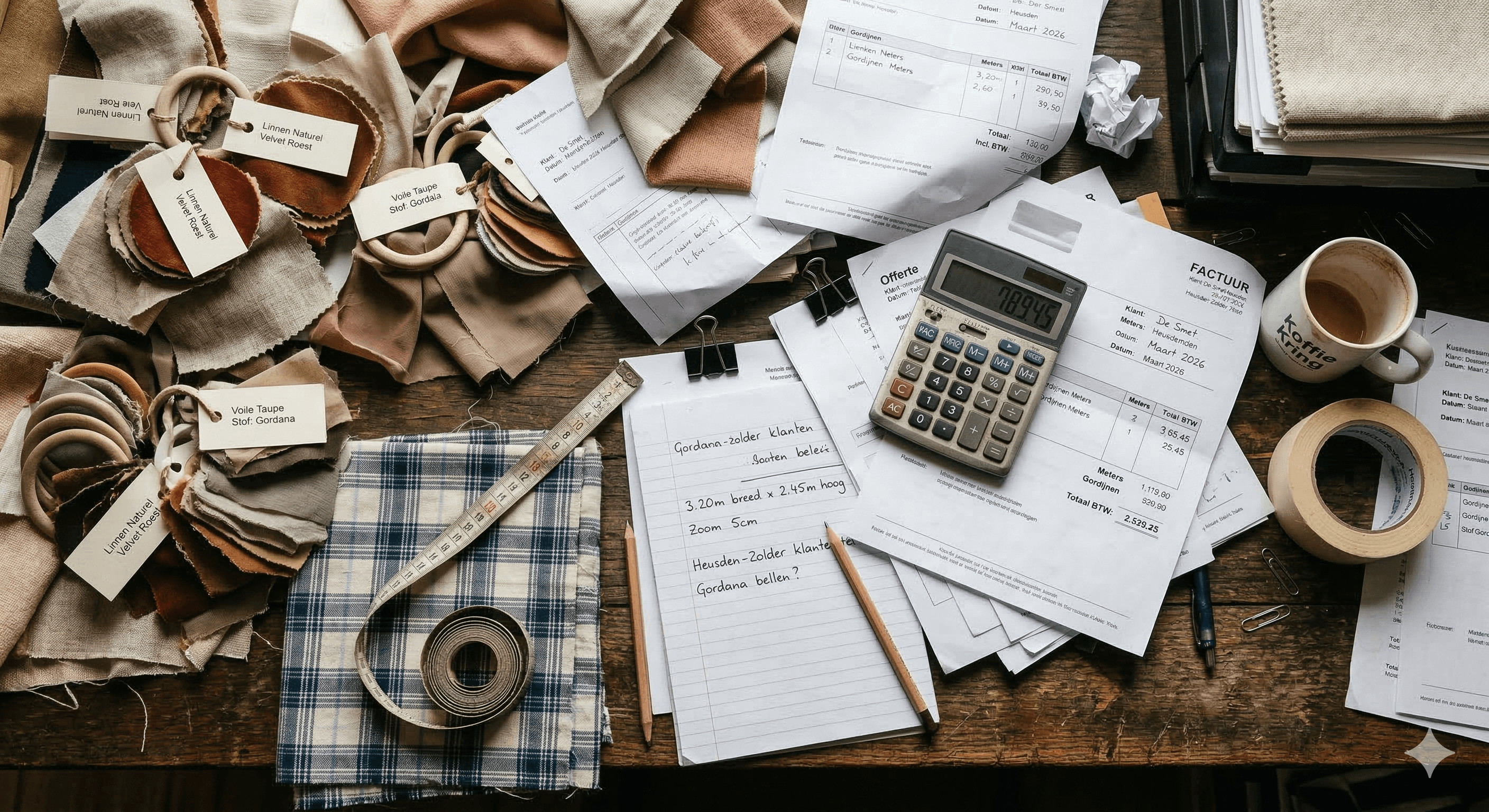 Chaotisch bureau met facturen, stoffen en rekenmachine — de dagelijkse realiteit zonder Gordana