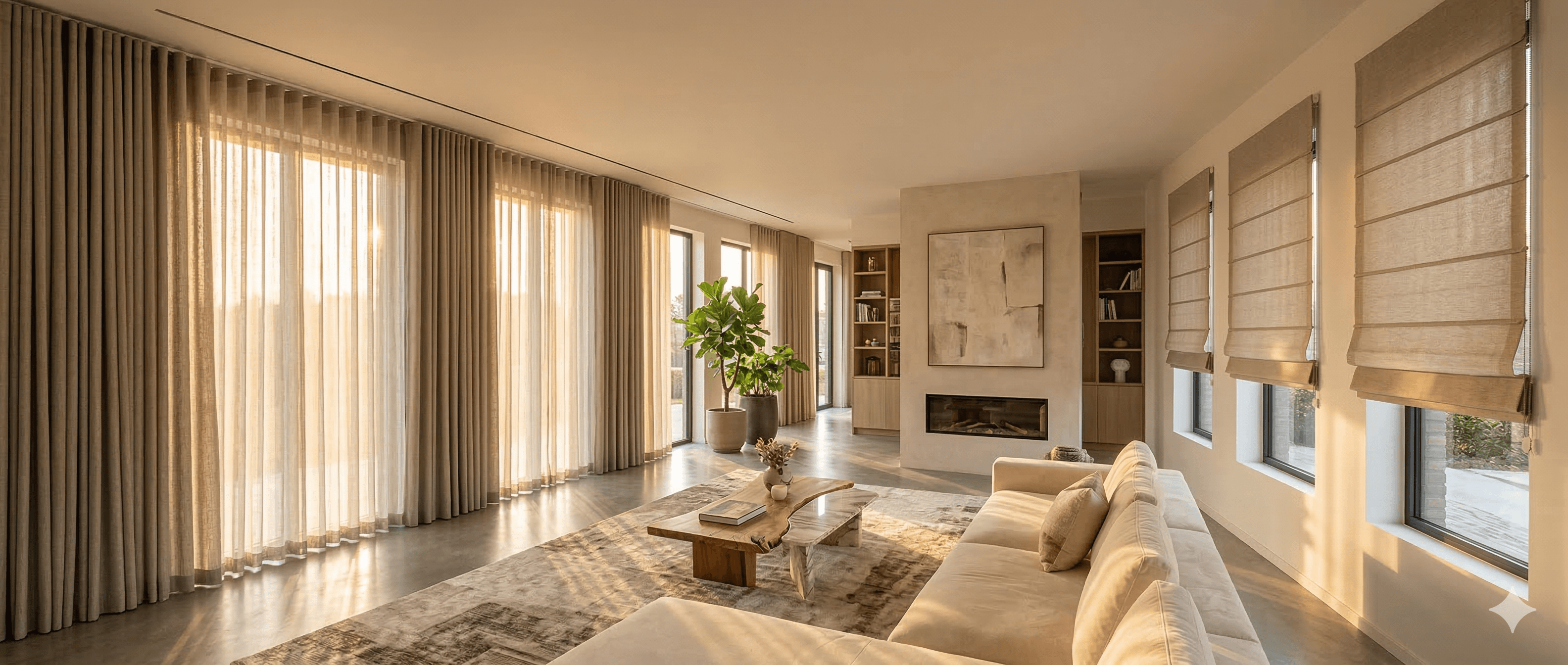 Prachtig ingerichte woonkamer met vloer-tot-plafond gordijnen in warme neutrale tinten